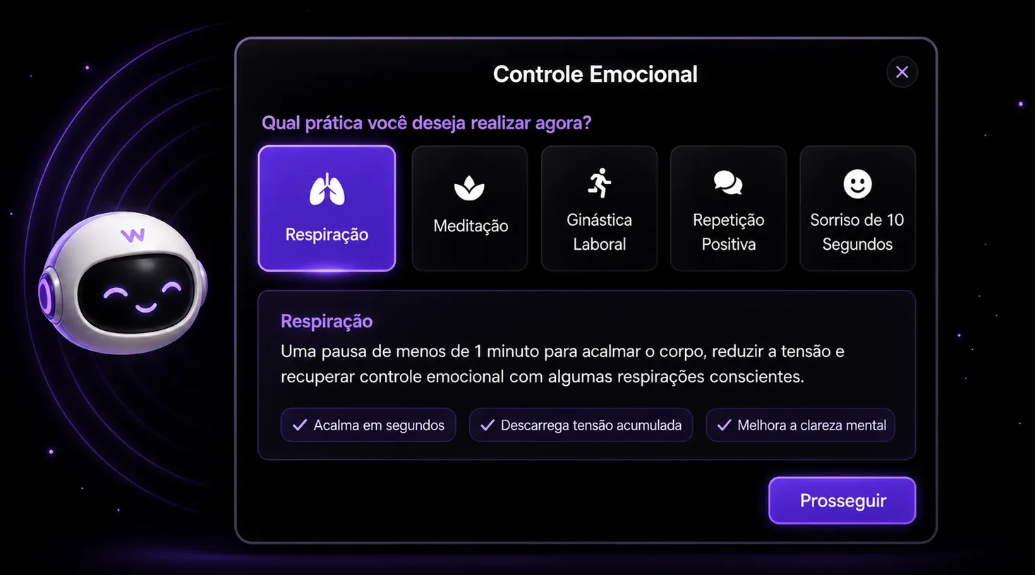 Recurso de controle emocional do WOWChat com práticas rápidas para o atendente.