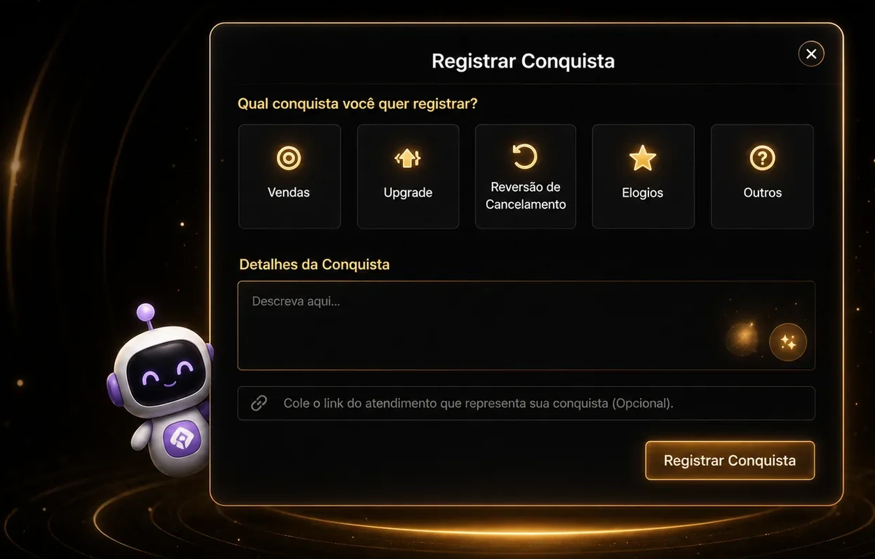 Tela Registrar Conquista do WOWChat com tipos de conquista do atendente.